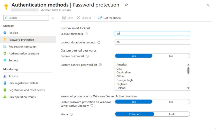  Entra ID password protection policy settings.