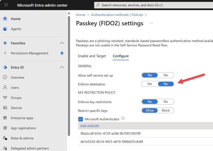 Passkey settings (prior to the change) with enforce attestation not enforced.