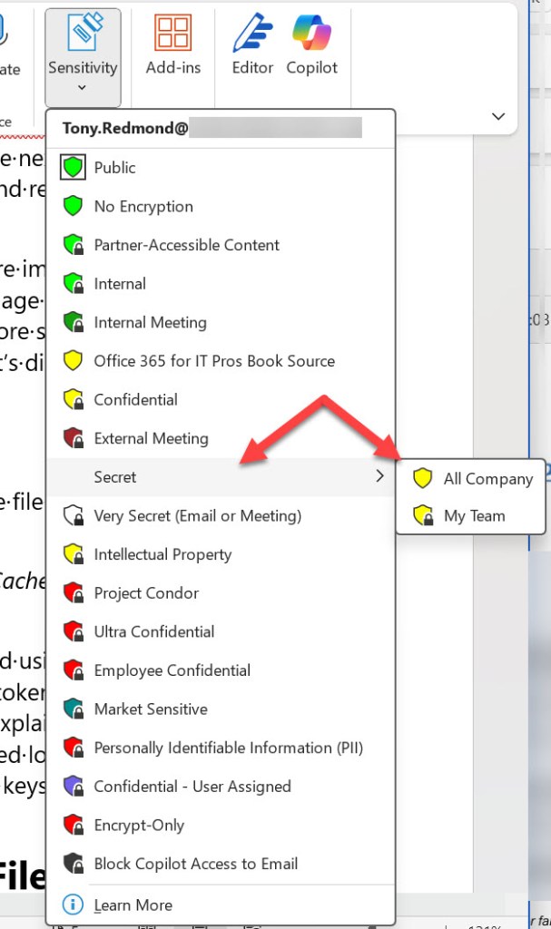 The Parent-Child display arrangement for sensitivity labels.
